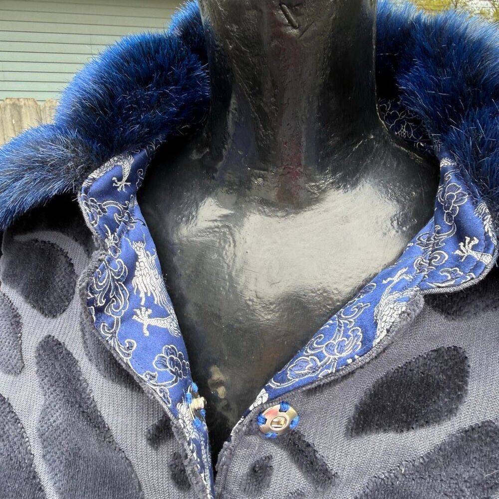 Handmade Blue Fur Trim Cropped Jacket & Dragon Mini Skirt Set Y2K Cyber Fairy Gr - Picture 5 of 11